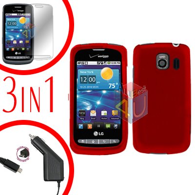 For LG Vortex VS660 Screen +Car Charger +Hard Case Red 3-in-1