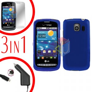 For LG Vortex VS660 Screen +Car Charger +Hard Case Blue 3-in-1