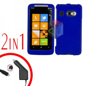 FOR HTC Surround T8788 Car Charger + Cover Hard Case Rubberized Blue 2-in-1
