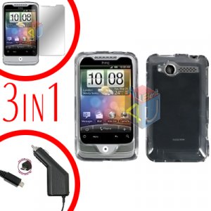 For HTC Wildfire 6225 Screen +Car Charger +Cover Hard Case Clear 3-in-1