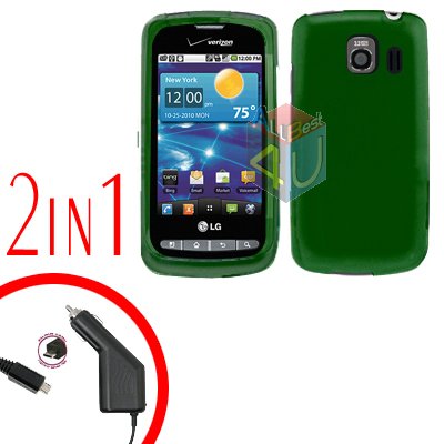 For LG Vortex VS660 Car Charger +Cover Hard Case Rubberized Green 2-in-1