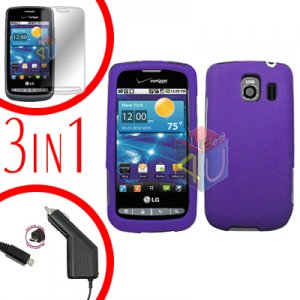 For LG Vortex VS660 Screen +Car Charger +Hard Case Purple 3-in-1