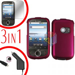 For Huawei Comet U8150 Screen +Car Charger +Hard Case Rubberized Rose Pink 3-in-1