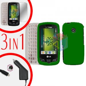For LG Cosmos Touch VN270 Screen +Car Charger +Hard Case Rubberized Green 3-in-1