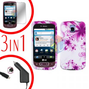 For LG Optimus One P500 Screen +Car Charger +Cover Hard Case H-Flower 3-in-1