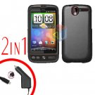 For HTC Desire Car Charger +Cover Hard Case Rubberized Black 2-in-1