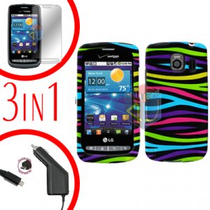 For LG Vortex VS660 Screen +Car Charger +Hard Case Rainbow 3-in-1