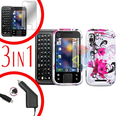 For Motorola Flipside MB508 Screen +Car Charger +Cover Hard Case W-Flower 3-in-1