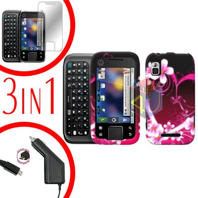 For Motorola Flipside MB508 Screen +Car Charger +Cover Hard Case Love 3-in-1