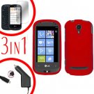 For LG Quantum C900 Car Charger + Hard Case Rubberized Red +Screen 3-in-1