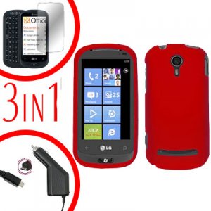 For LG Quantum C900 Car Charger + Hard Case Rubberized Red +Screen 3-in-1