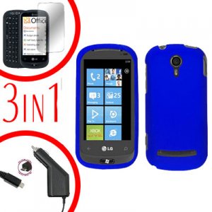 For LG Quantum C900 Car Charger + Hard Case Rubberized Blue +Screen 3-in-1