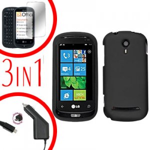 For LG Quantum C900 Car Charger + Hard Case Rubberized Black +Screen 3-in-1