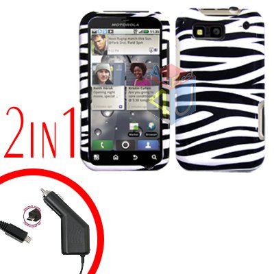 For Motorola Defy MB525 Car Charger + Cover Hard Case Zebra 2-in-1