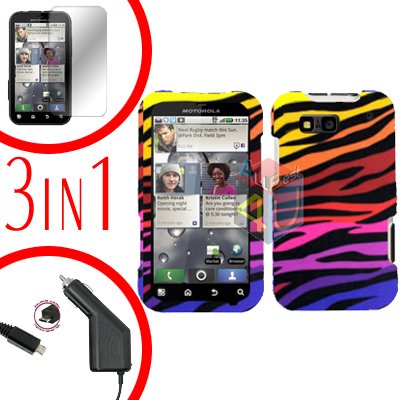 For Motorola Defy MB525 Screen +Car Charger +Cover Hard Case C-Zebra 3-in-1