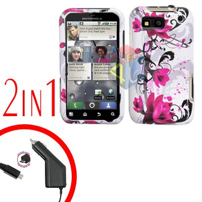 For Motorola Defy MB525 Car Charger + Cover Hard Case W-Flower 2-in-1