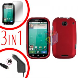 For Motorola Bravo MB520 Screen +Car Charger +Cover Hard Case Rubberized Red 3-in-1