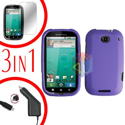 For Motorola Bravo MB520 Screen +Car Charger +Cover Hard Case Rubberized Purple 3-in-1