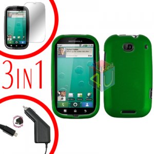 For Motorola Bravo MB520 Screen +Car Charger +Cover Hard Case Rubberized Green 3-in-1