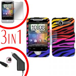 For HTC Wildfire 6225 Screen +Car Charger +Cover Hard Case C-Zebra 3-in-1