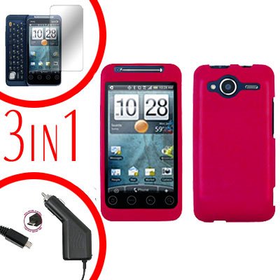 For HTC Evo Shift 4G Screen +Car Charger +Cover Hard Case Rubberized Rose Pink 3-in-1