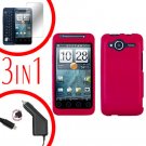 For HTC Evo Shift 4G Screen +Car Charger +Cover Hard Case Rubberized Rose Pink 3-in-1