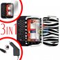 For Motorola Cliq 2 MB611 Screen +Car Charger +Cover Hard Case Rubberized Zebra 3-in-1