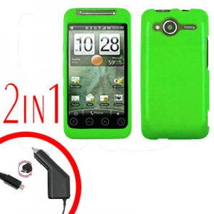 For HTC Evo Shift 4G Car Charger +Cover Hard Case Rubberized Neon Green 2-in-1
