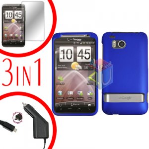 For HTC ThunderBolt  Protector Screen +Car Charger +Cover Hard Case Rubberized Blue 3-in-1