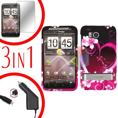 For HTC ThunderBolt Protector Screen +Car Charger +Cover Hard Case Love 3-in-1