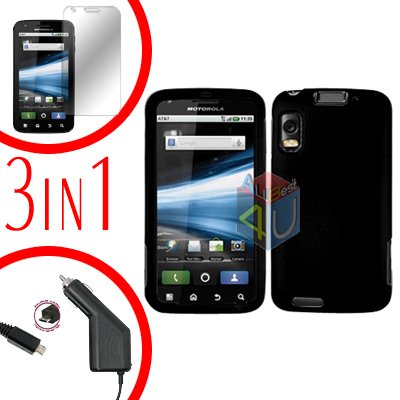 For Motorola Atrix 4G MB860 Screen +Car Charger +Cover Hard Case Rubberized Black 3-in-1