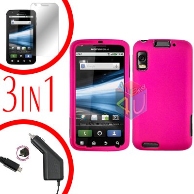 For Motorola Atrix 4G MB860 Screen +Car Charger +Cover Hard Case Rubberized Hot Pink 3-in-1
