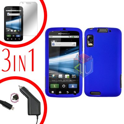 For Motorola Atrix 4G MB860 Screen +Car Charger +Cover Hard Case Rubberized Blue 3-in-1