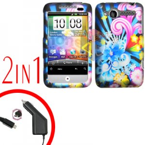 For HTC Wildfire Car Charger +Cover Hard Case A-Flower 2-in-1