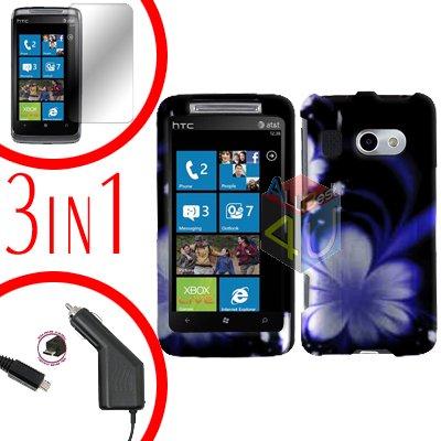 For HTC Surround T8788 Protector Screen +Car Charger +Cover Hard Case B-Flower 3-in-1