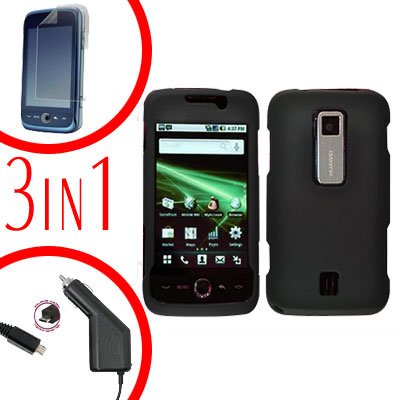 For Huawei Ascend M860 Screen Protector +Car Charger +Hard Case Rubberized Black 3-in-1