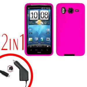 For HTC Inspire 4G Car Charger +Cover Silicon Case Hot Pink