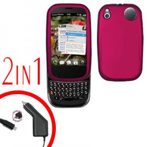 For Palm Pre 2 Car Charger +Cover Hard Case Rubberized Rose Pink 2-in-1