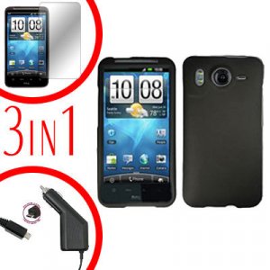 For HTC Desire HD Protector Screen +Car Charger +Cover Hard Case Black 3-in-1