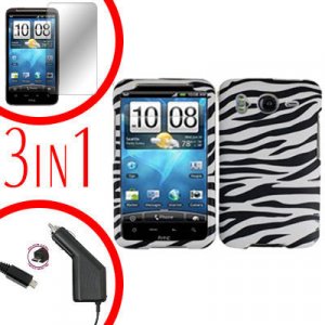 For HTC Desire HD Car Charger +Cover Hard Case Zebra +Screen 3-in-1