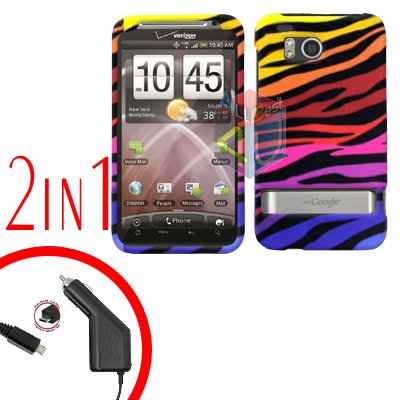 For HTC ThunderBolt Car Charger +Cover Hard Case C-Zebra 2-in-1