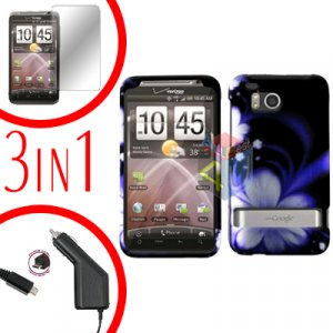 For HTC ThunderBolt  Car Charger +Cover Hard Case B-Flower 3-in-1