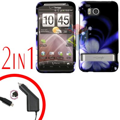 For HTC ThunderBolt Car Charger +Cover Hard Case B-Flower 2-in-1