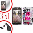 For HTC ThunderBolt  Car Charger +Cover Hard Case W-Flower 3-in-1