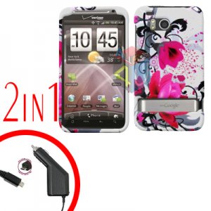 For HTC ThunderBolt Car Charger +Cover Hard Case W-Flower 2-in-1