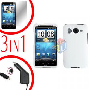 For HTC Inspire 4G Car Charger +Cover Hard Case White +Screen 3-in-1