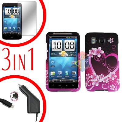For HTC Inspire 4G Car Charger +Cover Hard Case Love +Screen 3-in-1
