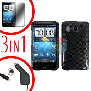 For HTC Inspire 4G Car Charger +Cover Hard Case Carbon Fiber +Screen 3-in-1