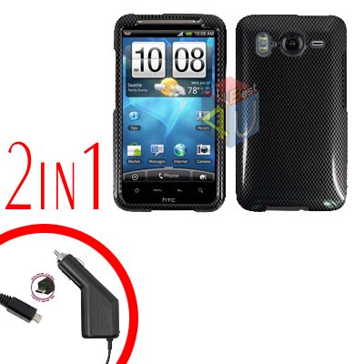 For HTC Desire HD Car Charger +Cover Hard Case Carbon Fiber 2-in-1