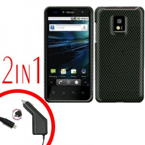 For LG Optimus 2X P990 Car Charger +Cover Hard Case Carbon Fiber 2-in-1